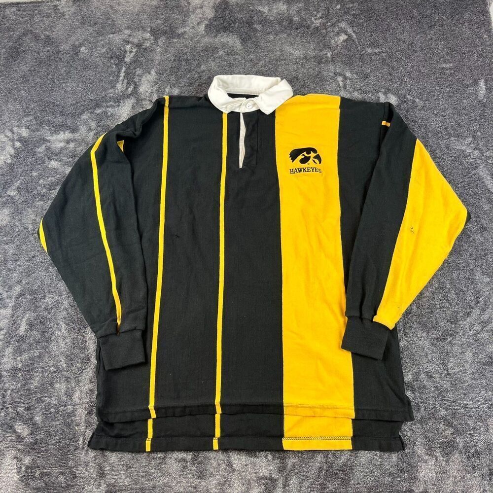 SOLD Vtg Dehen Rugby Iowa Hawkeyes Polo Long Sleeve Striped XL Made In USA